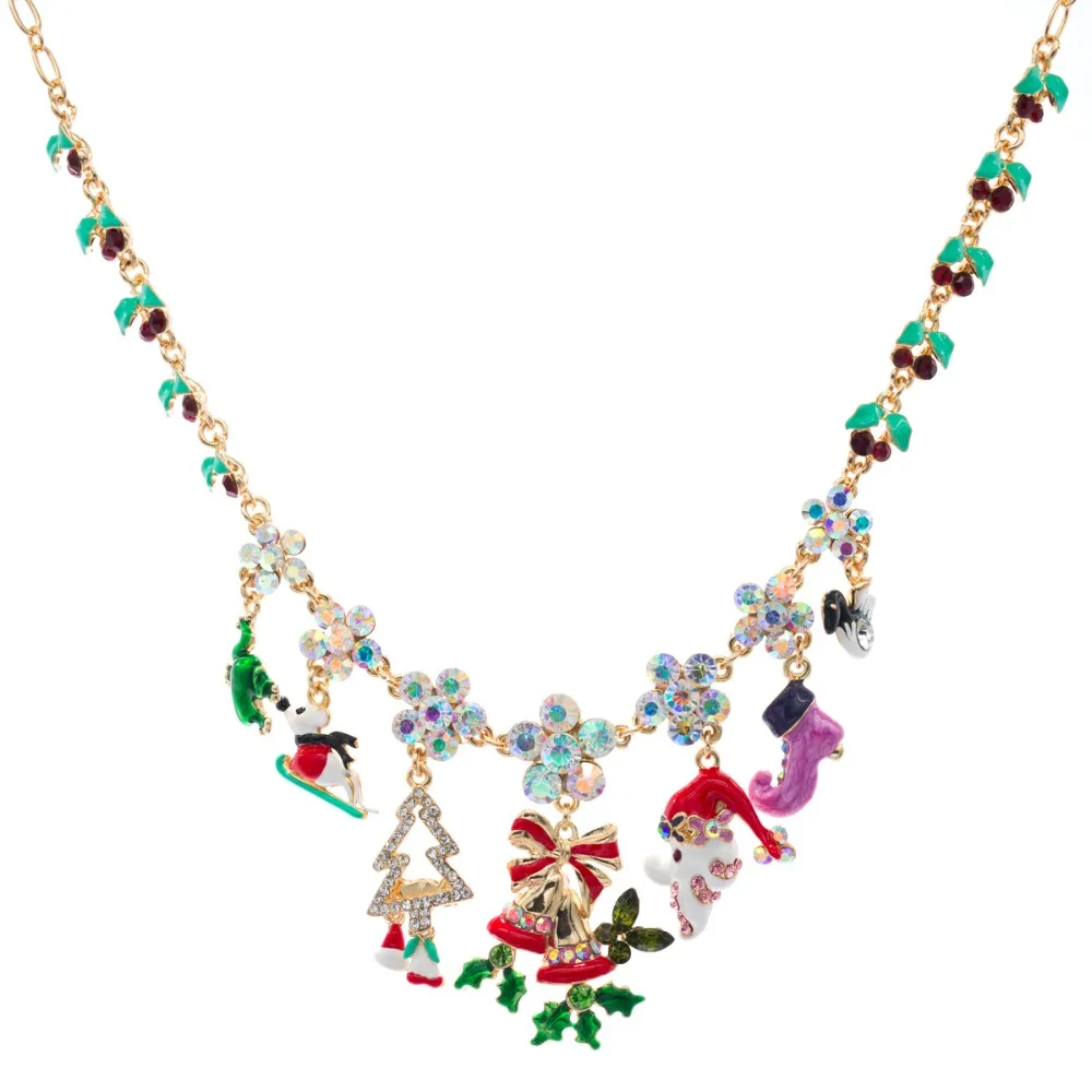 

High Quality Trendy Christmas Tree Snowman Charm Necklace Earring Jewelry Sets Crystals