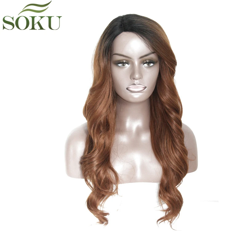 SOKU синтетические парики с взрыва 24 дюймов боковая часть длинные волнистые парики бесклеевой термостойкие волокна волос парики для черных женщин