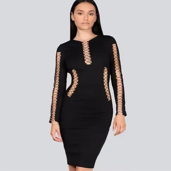 

New autumn and winter style black dress long-sleeved elastic bandage tightly cocktail party dress