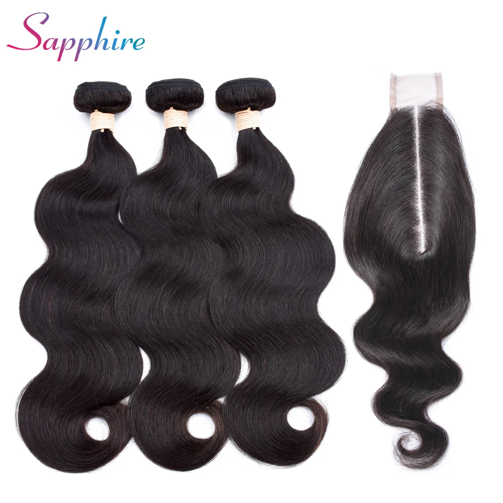 Sapphire hair Brazilian Human Hair Bundles With Lace Closure 2*6Lace Closure Body Wave Hair Extensions For Black Women Non Remy