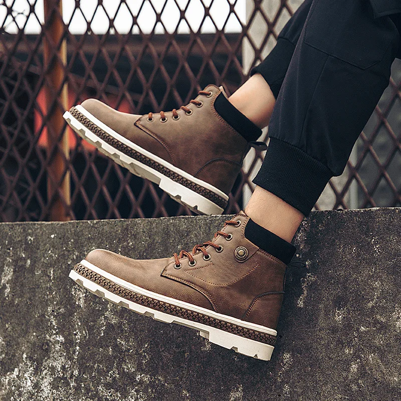  Men High Quality Leather Waterproof Hiking Shoes Outdoor Lace Up Height Increase Sneakers Hiking Sh