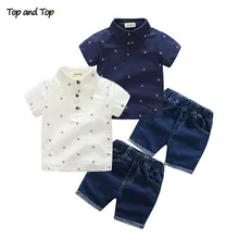 Детские комплекты одежды для мальчиков, топ и топ летние хлопковые футболки с короткими рукавами и принтом якоря+ джинсовые шорты Повседневный костюм из 2 предметов для маленьких мальчиков