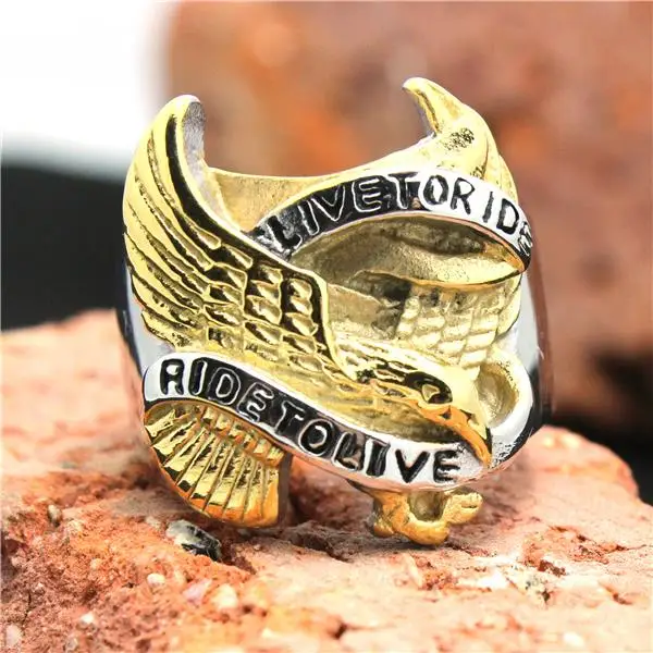 316L Stainless Steel Silver Golden Biker Eagle Ring Mens Motorcycle