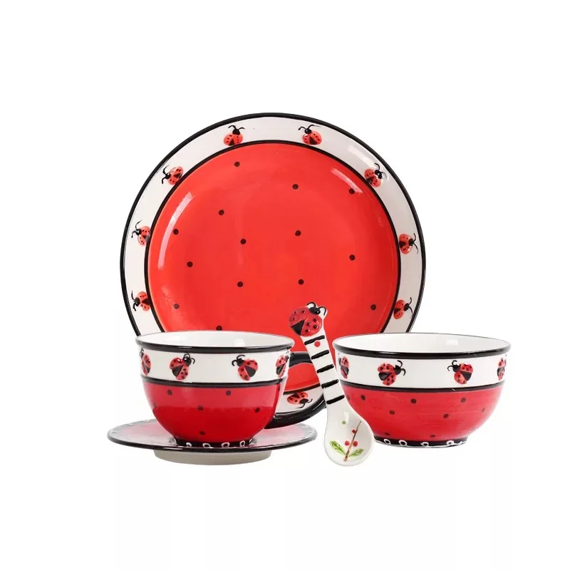 AYC New cute cartoon children's tableware ceramic 5 piece set Creative small insect butterfly bee bowl cup spoon