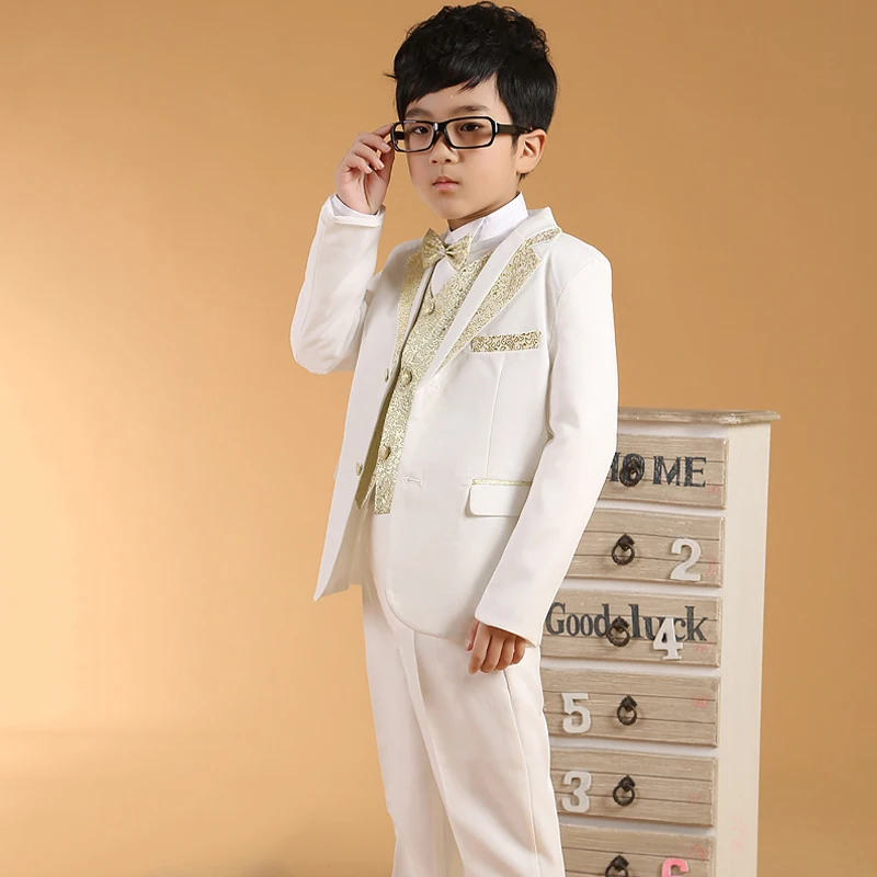 Boys White Suits Kids Clothes Children Wedding Tuxedo Gold Vest Collar