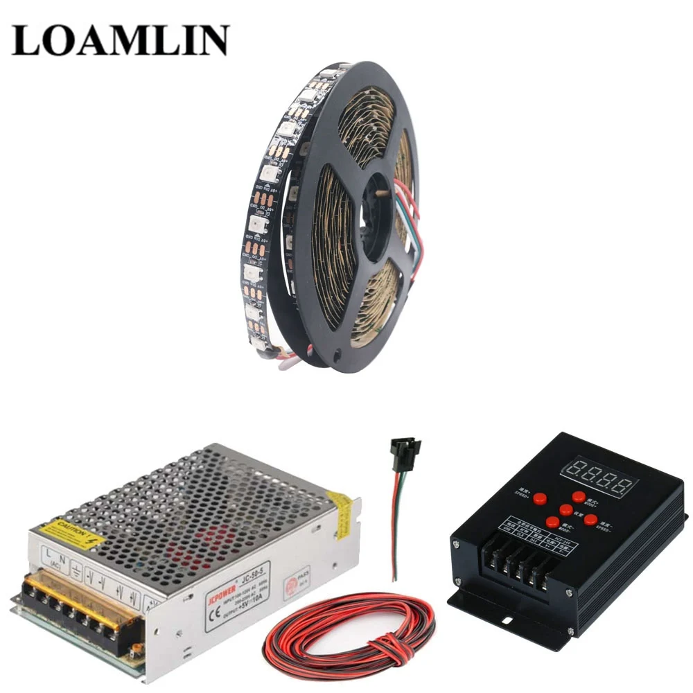

WS2812B WS2812 RGB Led Strip Light Tape +T-500 Full Color Intelligent RGB Led Controller +DC5V Led Transformer Kit 5m