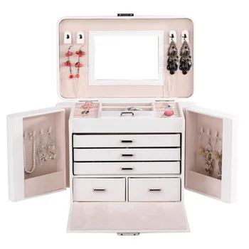 

Large Portable Jewelry Box White PU Leather Jewellery Case Mirror Trinket Earrings Holder Bracelet Organizer Travel Case ROWLING
