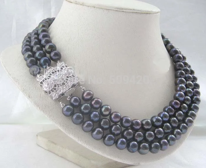 

~~ W&O658>> Zircon clasp - AAA 17-19" 3row 10mm black round freshwater pearl necklace