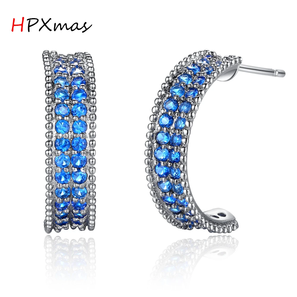 

HPXmas Fashion Arc C shape stud earrings with blue crystals AAA Cubic Zirconia jewelry for women Female B46