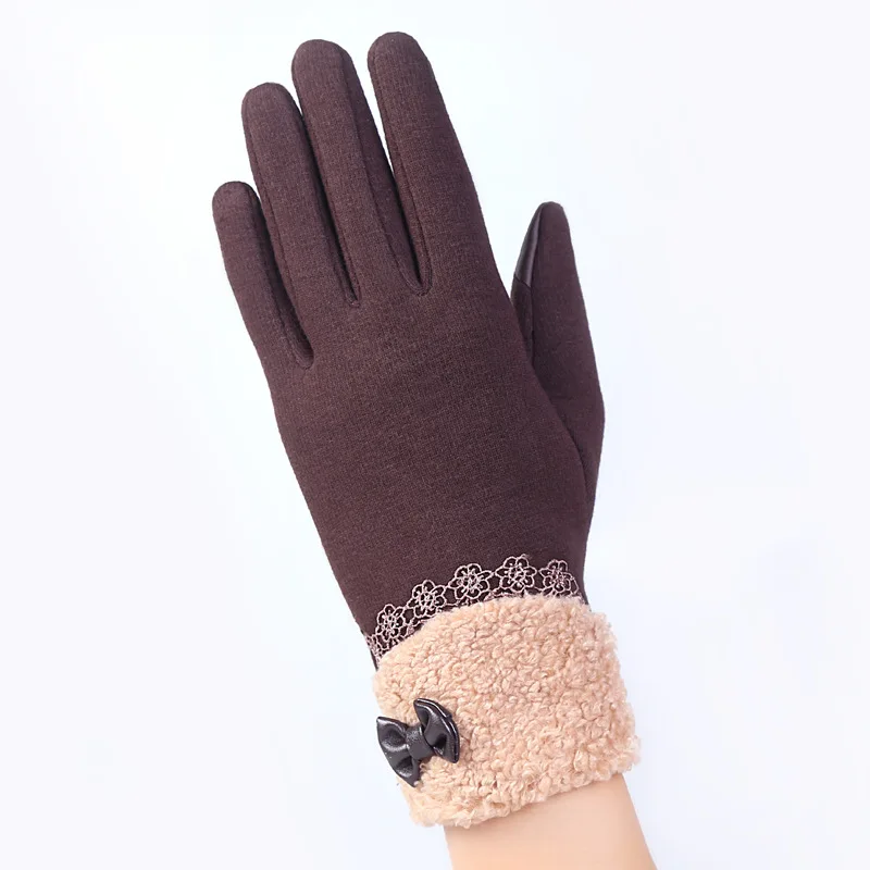 Элегантные женские кружевные Спортивные Перчатки для фитнеса и велоспорта, женские зимние теплые кашемировые перчатки на весь палец, черные перчатки для сенсорного экрана, варежки 16C - Цвет: A Brown