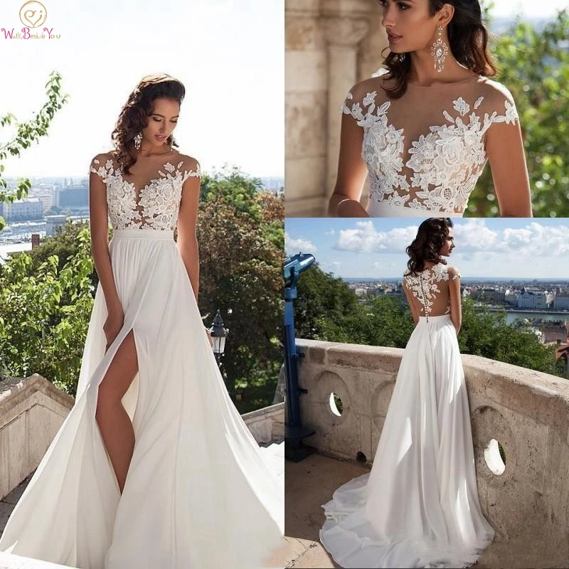 

2019 Elegant Chiffon Wedding Dresses Illusion Appliques Sweep Train Split A Line Button Back Scoop Neck Princess Bridal Dress
