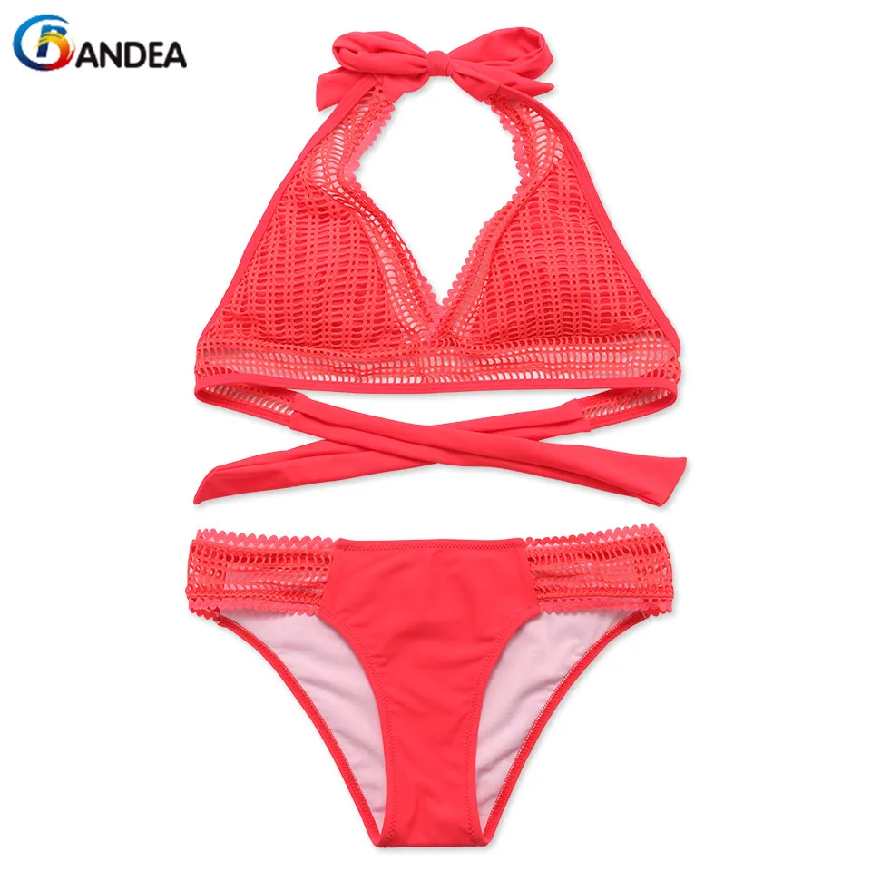 BANDEA 2019 пикантные сетчатые бикини Для женщин Swimwer Топ c бретелькой через шею купальник женский Мягкий однотонный бикини пуш-ап Maillot De Bain