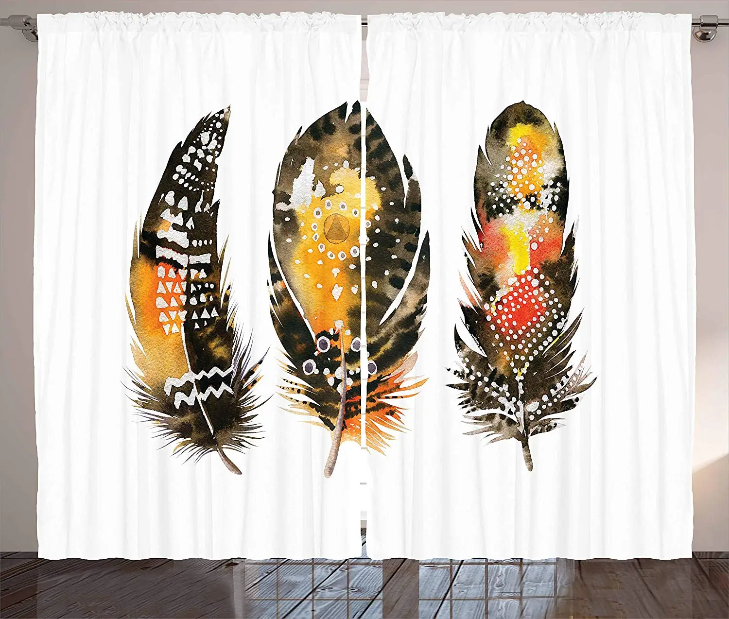 

Feather Curtains Hand Drawn Bohemian Style Quills Colorful Ethnic Arrangement Watercolor Effect Living Room Window Drapes
