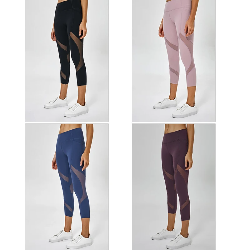 

2019 primavera nuevos pantalones de Yoga para mujer de cintura alta de malla elástica costura apretada correr desnudo siete puntos pantalones de Fitness