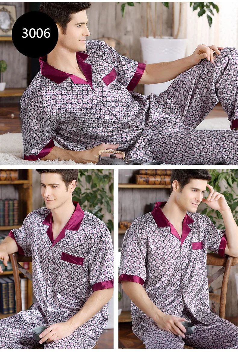 Мужские шелковые атласные пижамы пижамный комплект Мужская рубашка с короткими рукавами и брюки Роскошная Домашняя одежда плюс размер 3XL