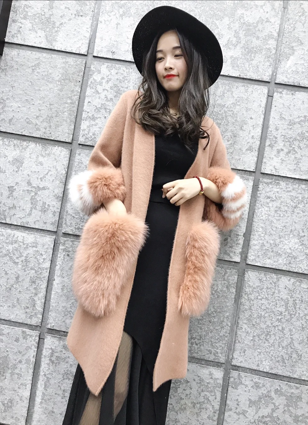 

2017 New knitted women mink cashmere sweater with big fox fur pocket colorfull fox fur cuff female fashion cardigans