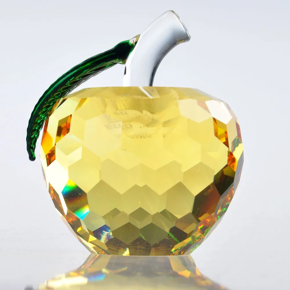 H&D 1.6'' Yellow Cut Crystal Apple Glass Paperweight Fruit Crafts Gifts