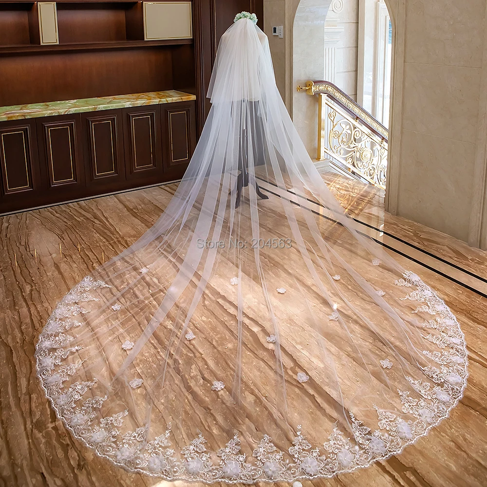 Two-Layer Lace Wedding Veil with Flowers 4 Meters Long Bridal Veils Comb AX | Свадьбы и торжества