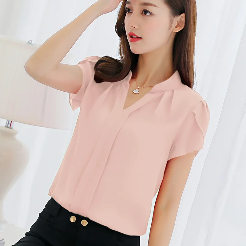 Летняя женская шифоновая блузка с коротким рукавом, красные женские офисные рубашки размера плюс, рабочая верхняя одежда размера плюс, повседневная женская одежда - Цвет: Pink