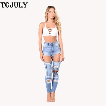 

TCJULY Fashion Washed Women's Blue Jeans Skinny Push Up Stretch Denim Pants With Holes Streetwear Slim Bleached Distressed Jeans