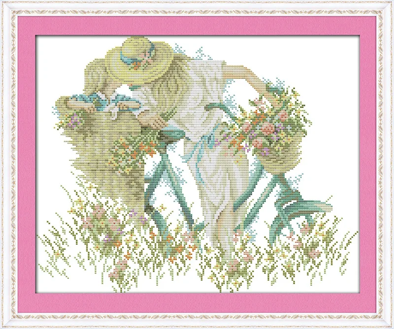 

Mother and daughter with bike Printed Canvas DMC Counted Cross Stitch Kits printed Cross-stitch set Embroidery Needlework