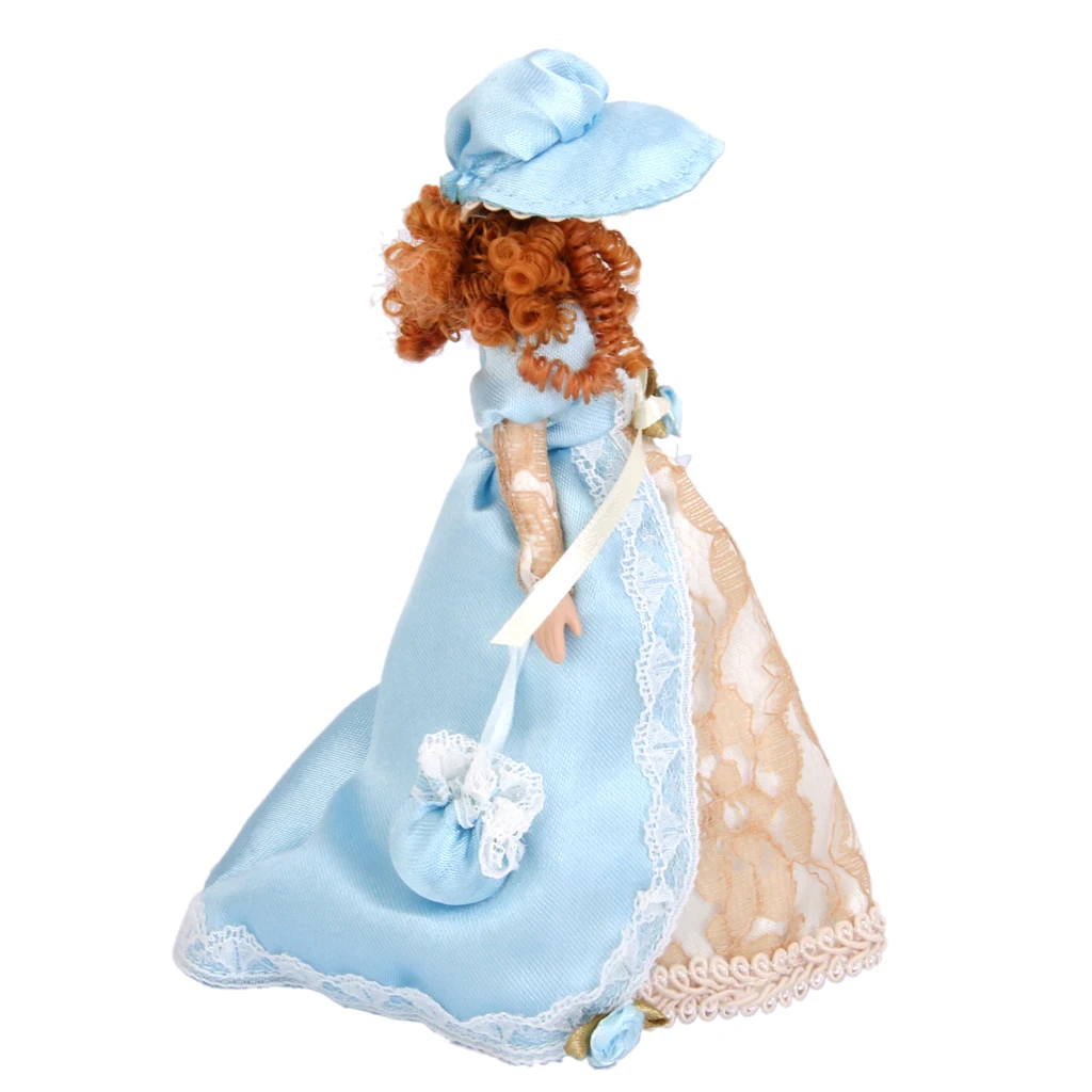 Dollhouse Miniature Porcelain Dolls Victorian Lady in Dress & Hat with Stand