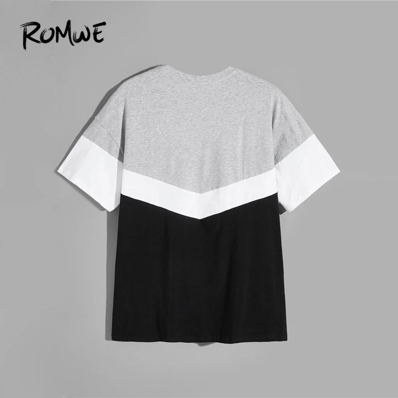 ROMWE Men Color Block Letter Print Tee 2019 Young Cool Male Summer T shirt Mens Clothing Streetwear Short Sleeve Tee Tops