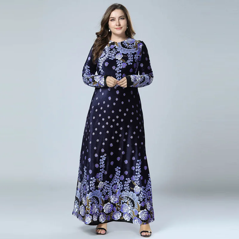 New Winter Velvet Maxi Long Dresses Elegant Gold Stamping Floral Printing Muslim Dress BLUE PINK GREEN M - 4XL