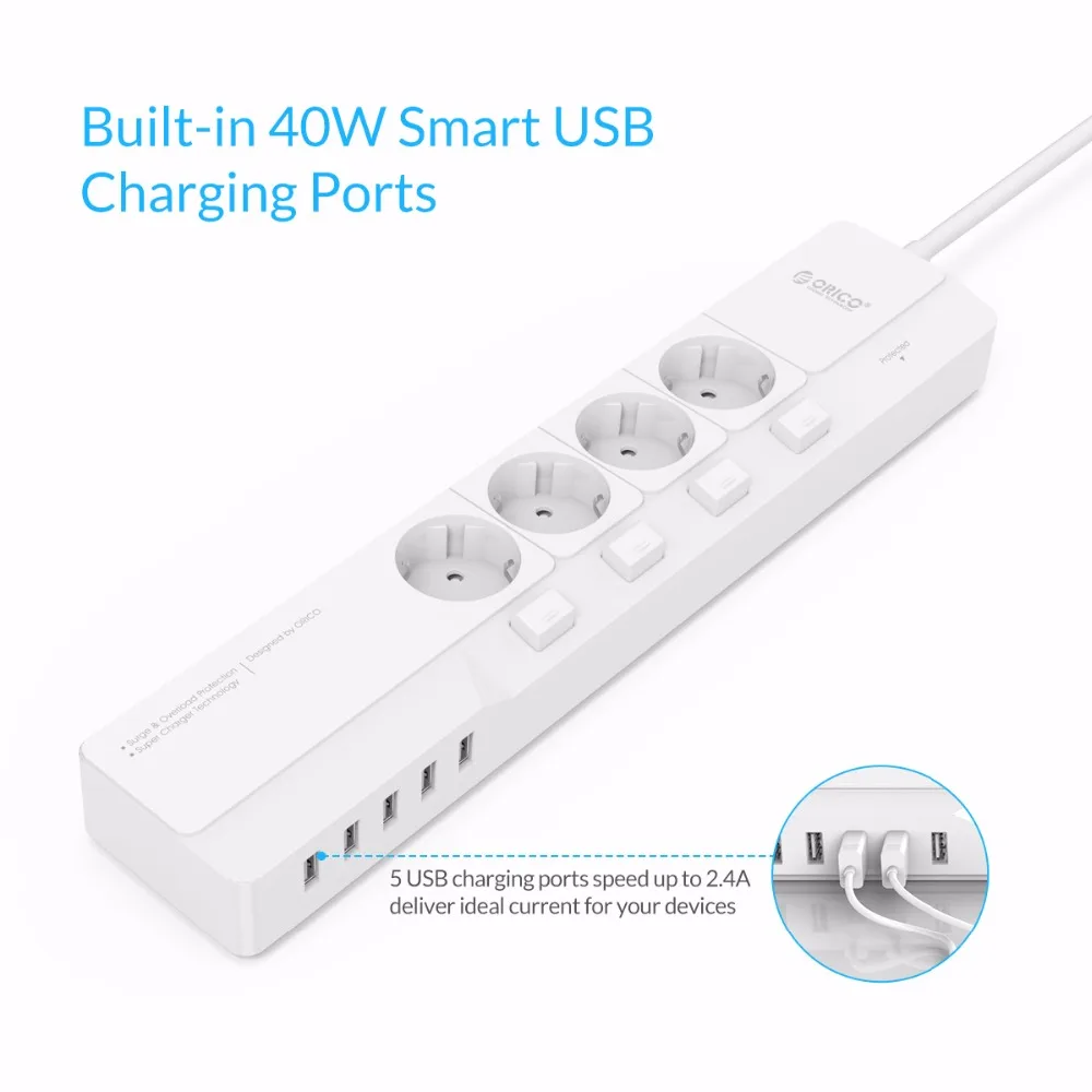 ORICO силовая полоса EU/AU/UK/US штекер 5 портов USB 4 AC розетки USB настенная розетка умная розетка удлинитель розетка настольное зарядное устройство