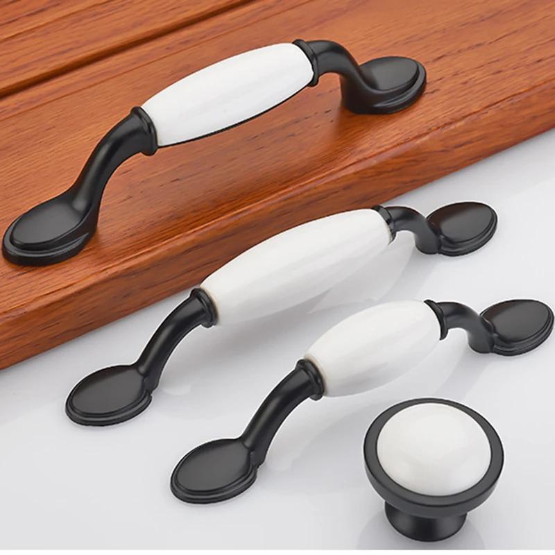 

Ceramic Black White Cabinet Handles Drawer Knobs Zinc Alloy Wardrobe Door Handles Pulls Simple European Furniture Handles