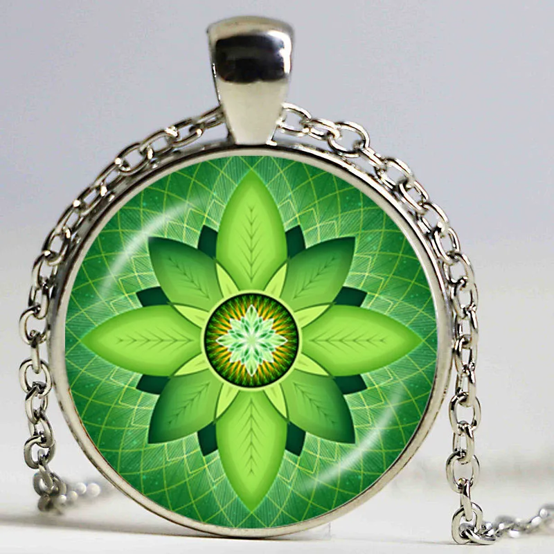 Flower of life necklace green leaf mandala pendant silver necklace yoga Buddhist meditation jewelry chakra om namaste jewelry
