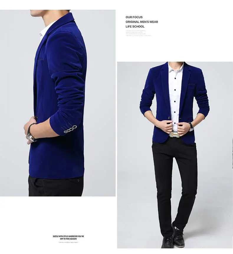 Однотонный блейзер мужской бренд корейский стиль slim fit Мужской Блейзер Куртка высокое качество хлопок бархат мужской пиджак плюс размер