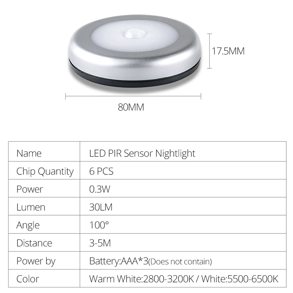 6 светодиодов, освещение для шкафа, датчик движения PIR, подсветка для шкафа, 3 ААА батареи, беспроводная Ночная лампа, освещение для спальни