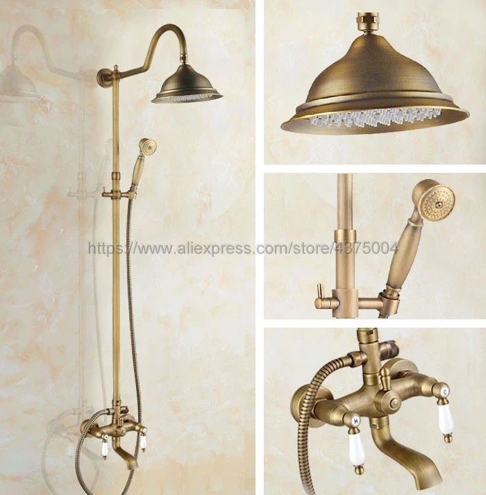 Antique Brass Bath Shower Mixer Faucet Tub Spout Wall Mount 8.2" Rainfall Shower Head + Handshower Nan801