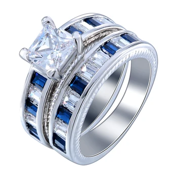 

Hainon Luxury Fashion Wedding Ring sets For Women&men Silver Color Finger Rings Jewelry With Blue Red CZ zircon Party Gift Ring