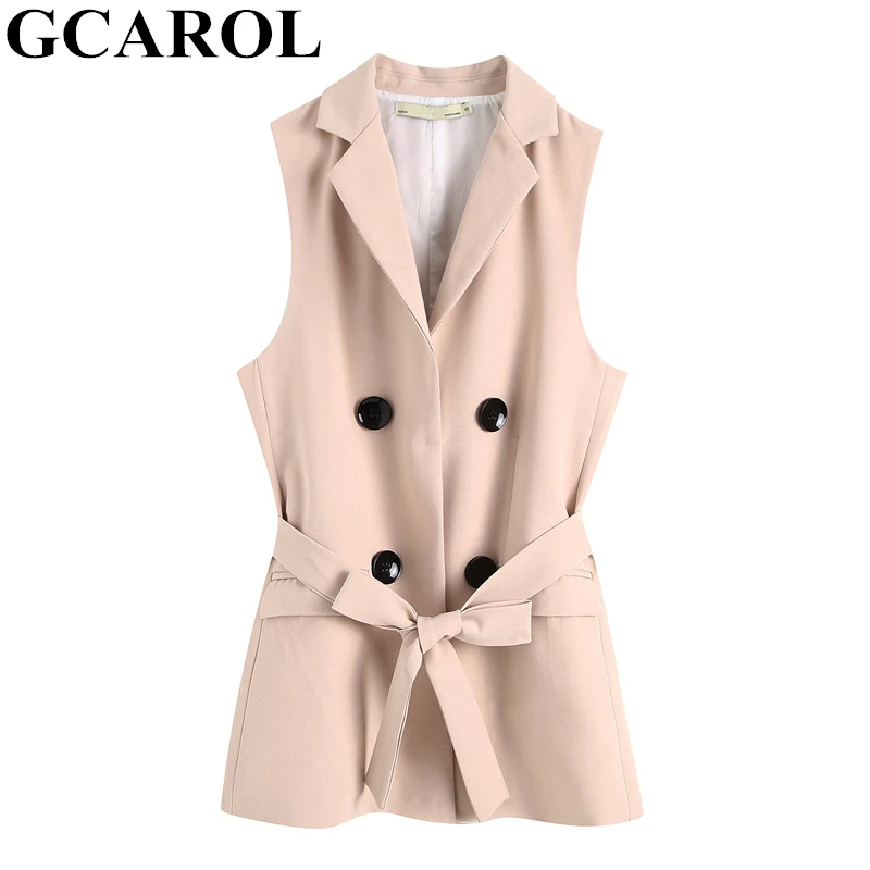 

GCAROL 2019 Spring Summer Women Apricot Pink Waistcoat With Sashes Double Breasted Notched OL Elegant Mid Long Vest Tops