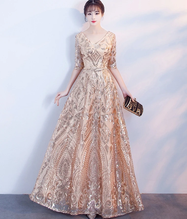 

2019 V-neck Backless Gold Sequins Evening Gowns Party Formal Dress Half Sleeve Beads Sexy Long Evening Dresses robe de soriee