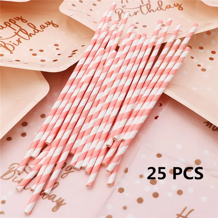 OurWarm Happy Birthday Disposable Party Tableware Pink Paper Cups Plates Napkin s Kids Birthday Party Supplies - Цвет: 25pcs Straws