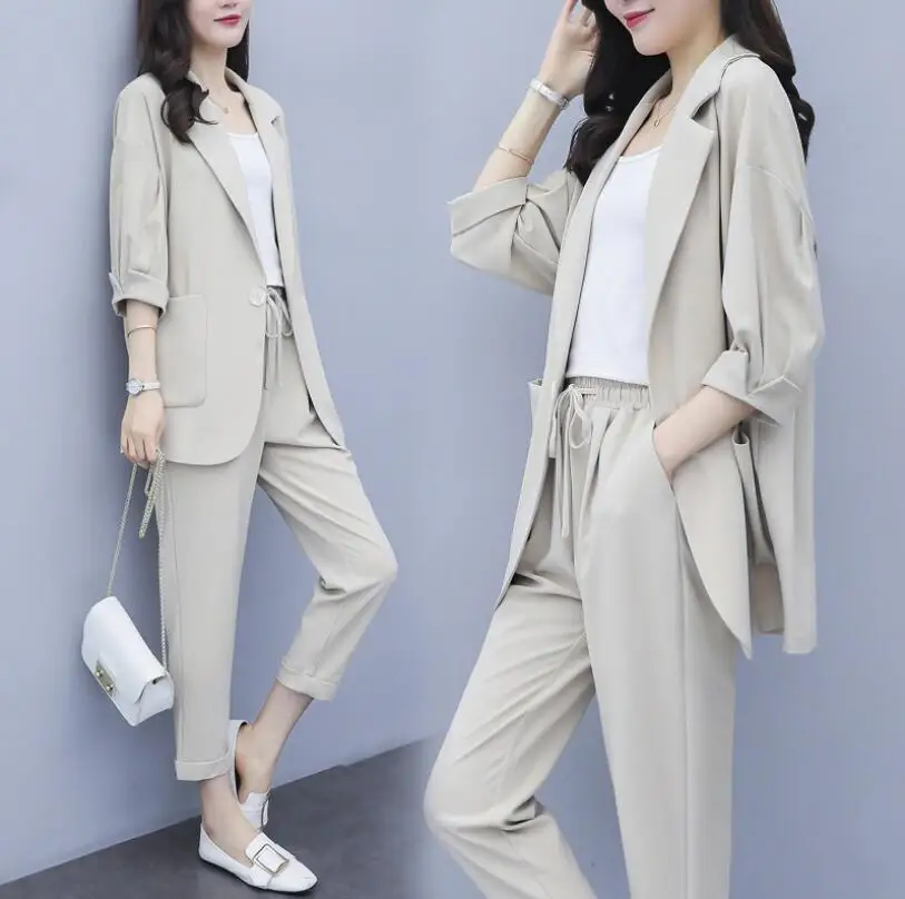 

Solid color suit pants suit female 2019 seven-point sleeve suit jacket nine pants net red two-piece set age slim fashion women