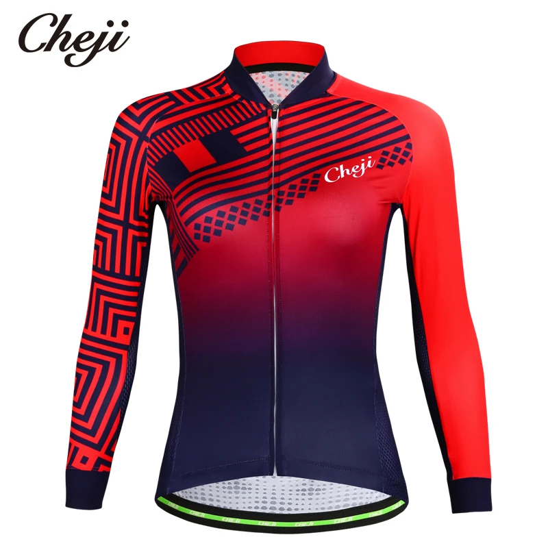 CHEJI 2019 Red Women's Long Sleeves Cycling Jersey Spring Autumn