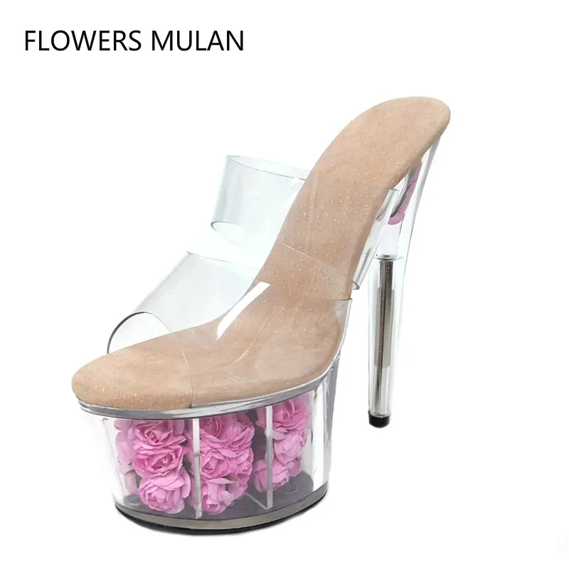 

New Style Special Platform Transparent With Rose Flowers PVC Upper Slingback Elegant Lady Super High Thin Heels Shoes Pumps Girl