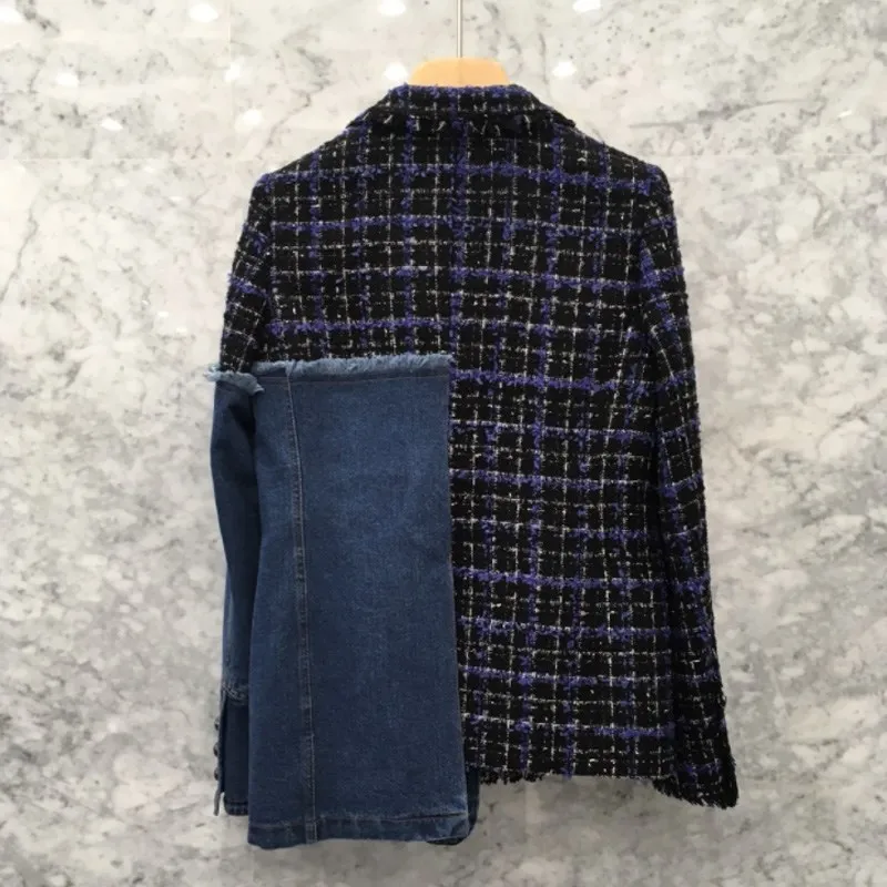 Greatest  [EAM] 2020 New Spring Lapel Long Sleeve Blue Denim Plaid Stitch Irregular Loose Jacket Women Coat F