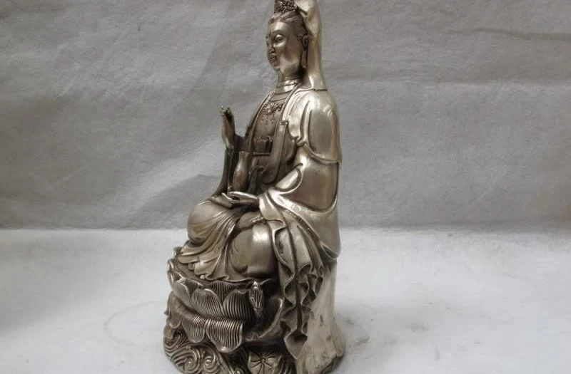 

Chinese Royal White Copper Silver lotus flower Sit Guan Yin Bodhisattva Kwan-Yin