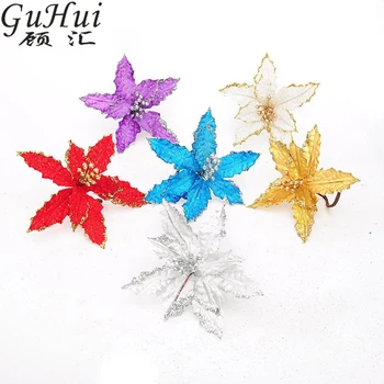 

10pcs 14cm Two Color Combinations Gold Edge Glitter Powder Artificial Flower Christmas Tree Decor Xmas New Year Party Wreath