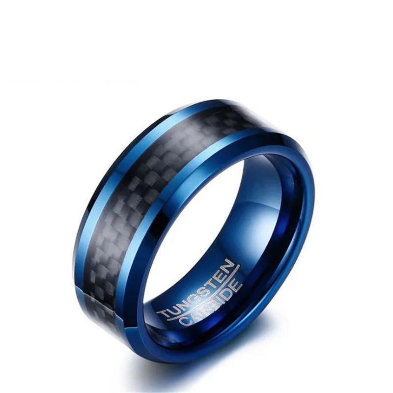 Fashion 8MM width Tungsten steel carbon fiber material ring IP blue