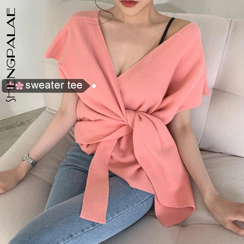 

SHENGPALAE Korean Fashion V Collar Chic Style Knitted Women Tee Waist Bandage Design Loose Female Summer T-shirt FN561