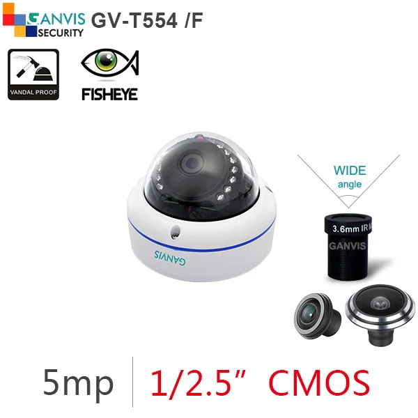 

1/2.5" CMOS 5 Megapixel 5mp ip camera mini outdoor dome wide angle/ Fisheye lens 3mp 2mp 1080p hd digit cctv GANVIS GV-T554 /F b