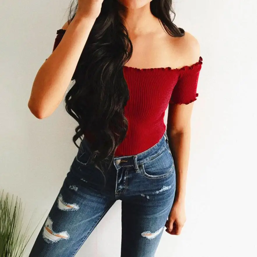 

2018 Summer New Fashion Casual Womens Ladies Sexy Solid Strapless Off Shoulder Short Tops Blouse f80