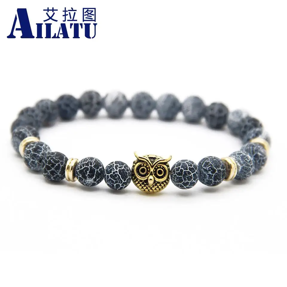 

Ailatu Animal Shapes Owl Bracelets For Gift Jewelery With 8mm Weathering Onyx Stone Fashion Men's Elastic Bead Jewelry