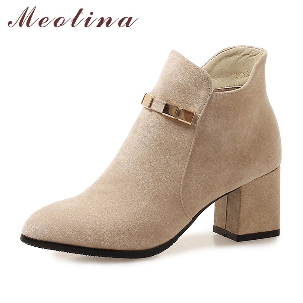 Goede Meotina Winter Enkellaars Hoge Hak Laarzen Vrouwen Vierkante Hak Korte Laarzen Mode Wees Teen Dames Korte Schoenen Beige 43